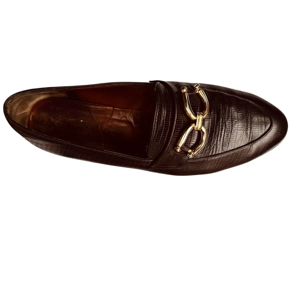 Robert Clergerie Brown Loafers Faux Lizard Skin Embossed Leather 6 1/2 M Vintage